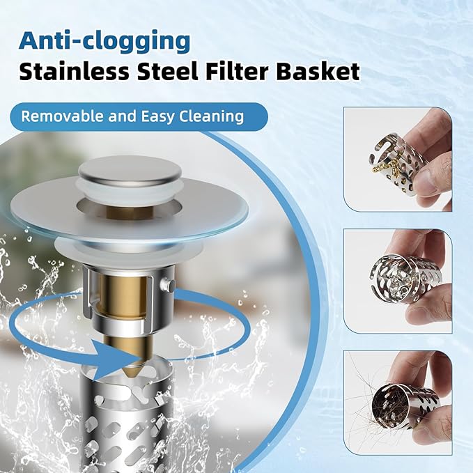 iFealClear 2 Pack Metal Bathroom Sink Stopper, Pop Up Sink Drain Strainer with Removable Stainless Steel Filter Basket, Universal for 1.1"-2.36" Sink, Brass Bounce Core, Hair Catcher, Brushed Nickel