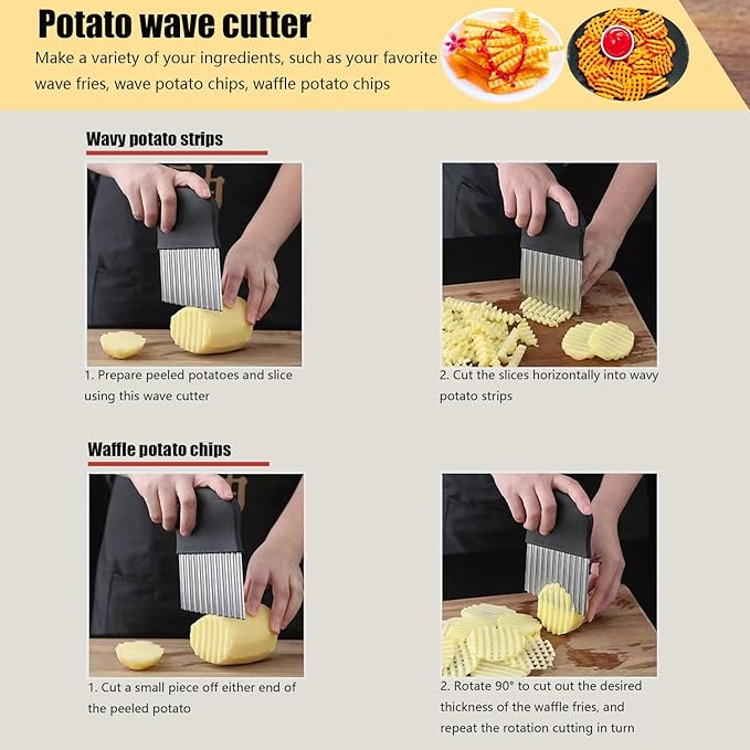 Crinkle Cutter, Stainless Steel Wavy Chopper Slicer Vegetable Salad Garnishing Tools with Cleaning Brush, Fry Cutter for Potatoes (3-piece Set)