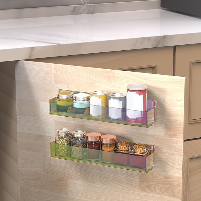 VAEHOLD Adhesive Acrylic Spice Rack with Nano Double Sided Tape Wall Mount Organizer, Wall Spice Rack With Shelf Ends for Kitchen Cabinet Door - 2 Pack 12‘’ Shelves (Colorful)