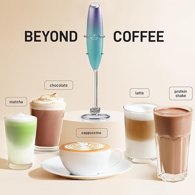 Zulay Kitchen Powerful Milk Frother Wand With Duracell Batteries - Ultra Fast Handheld Drink Mixer - Electric Whisk Foam Maker for Coffee, Lattes, Cappuccino & Matcha - Double Whisk - Purple Teal Fade