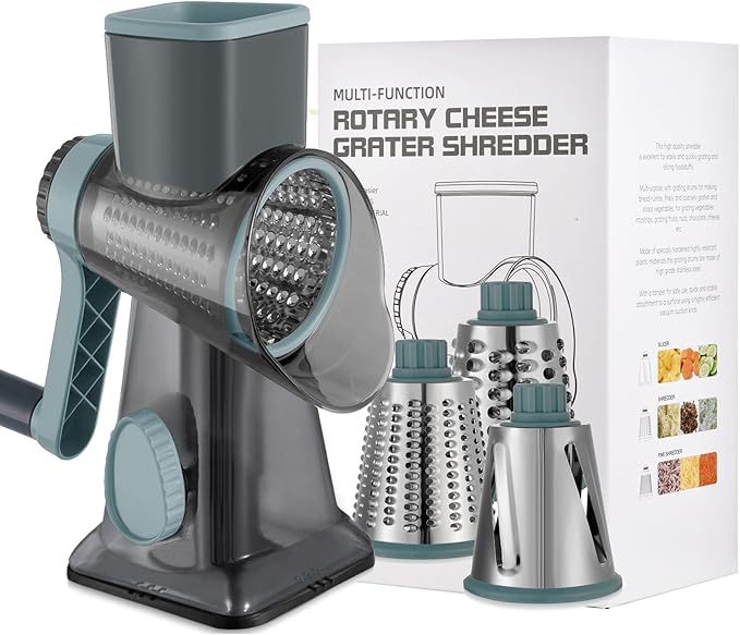 Cheese Grater Hand Crank Rotary Vegetables Shredder with Handle, 3-in-1 Graters with Interchangeable Blades and Non-slip Base Multifunctional Slicer for Kitchen