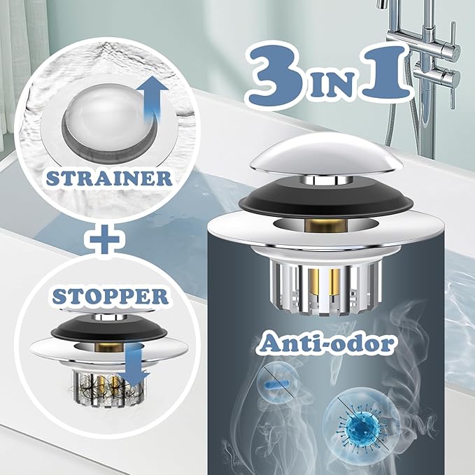 Universal 3 in 1 Bathtub Drain Stopper Bathtub Drain Hair Catcher, Pop-up Tub Stopper with Effective Filter Basket, Anti-Clogging Bathtub Drain Plug Bath Tub Stoppers for 1.45-1.8" Drain Shoe