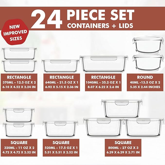Razab 24 Pc Airtight Glass Food Storage Containers - Glass Meal Prep Containers - Freezer to Oven Safe - Steam Release Valve BPA Free - Airtight Bento Boxes - Leak Proof (12 lids & 12 Containers)