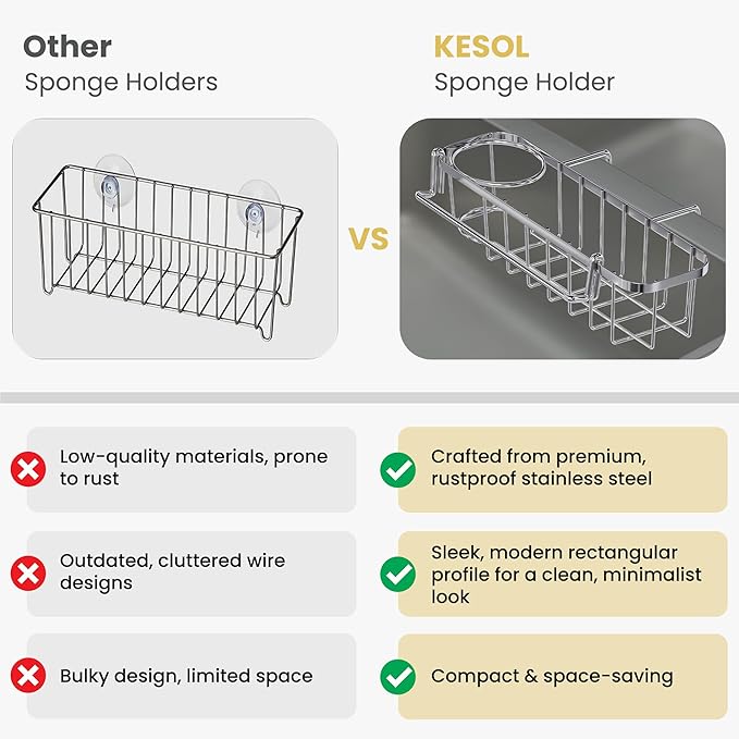 KESOL 3-in-1 Sponge Holder for Kitchen Sink, Hanging Caddy for Double Bowl Sinks, Stainless Steel Sponge with Dishcloth Holder, Brush & Soap Rack, Kitchen Sink Accessories, Silver