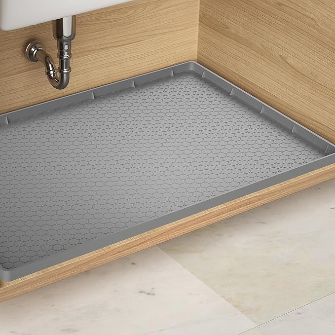 Under Sink Mat - 37" x 22" Waterproof Kitchen Cabinet Mat - Flexible Silicone Under Sink Liner - Kitchen Bathroom Cabinet Mat and Protector for Drips Leaks Spills (Gray)