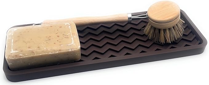 Silicone Sink Organizer Tray, Rectangular, Modern Style, Heat Safe, Dishwasher Safe, for Bathroom and Kitchen Organization (Dark Chocolate, 12"x4", Chevron Pattern)