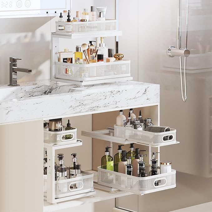 1 Pack 15IN-Depth Under Sink Organizer with Next-Gen Ball-Bearing Slides,2-Tier Precision Mesh Pull Out Cabinet Storage for Bathroom&Kitchen,Height Adjustable Drawers Shelf,Anti-Rust-White