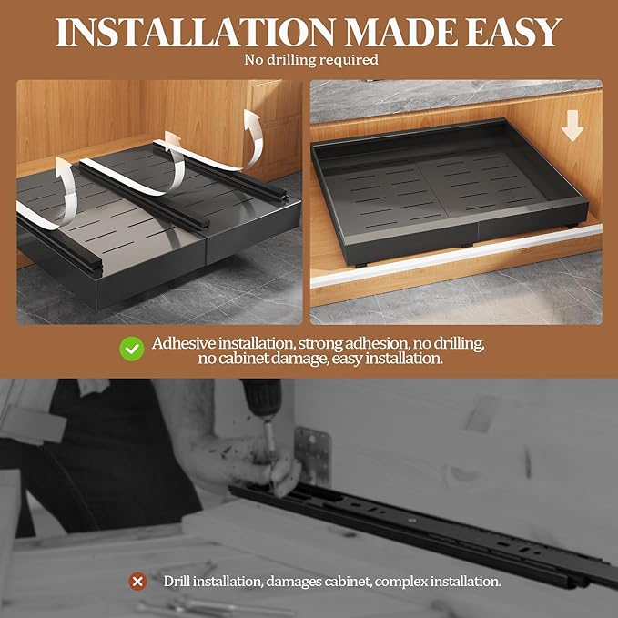 Seinloes 4 Pack Expandable Pull Out Cabinet Organizer 21"Deep With Raising Pad for Framed Cabinets,Upgrade 3 Slide Rails Slide Out Drawers,No Drill Roll Out Shelves,Adjustable Width 12.1"-20.4" Black