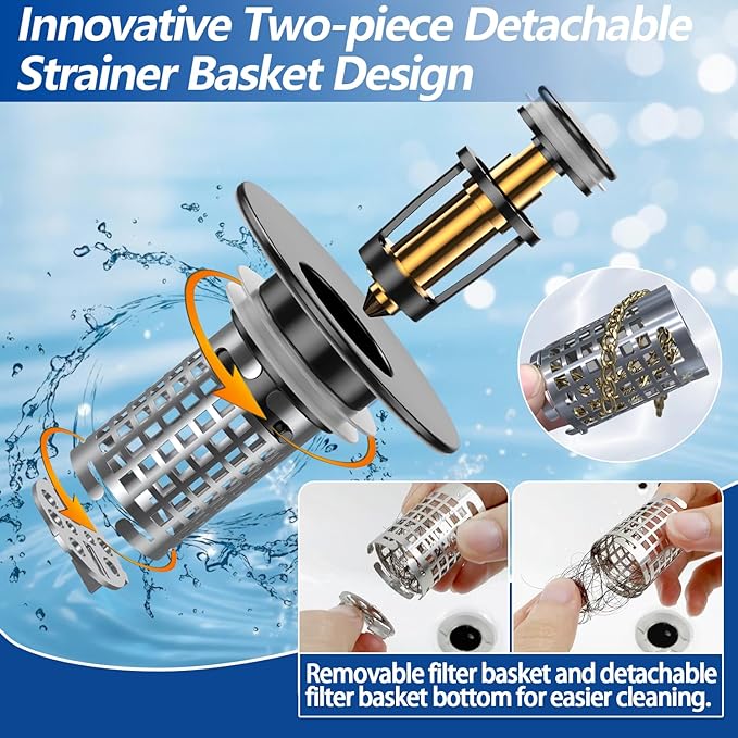 Bathroom Sink Drain Strainer(2PCS), Pop-up Sink Drain Strainer with Removable Stainless Steel Strainer Basket Hair Catcher, Bathroom Sink Strainer for Bathroom Sink Stopper Replacement