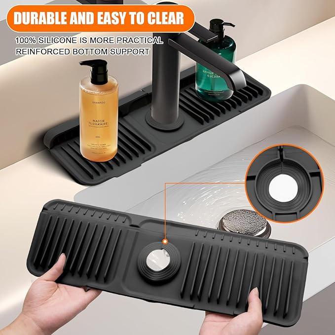 17.7" Silicone Faucet Mat for Kitchen Sink,7° Draining Mat with Snap Button Lock,Faucet Splash Guard and Sink Counter Organizer,Trim-to-Fit Kitchen Faucet Protector for Sponge Brush Cup