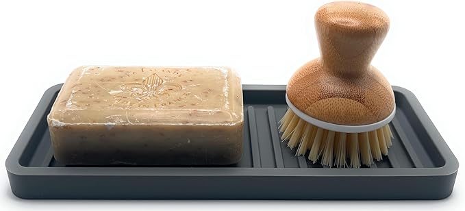 Silicone Sink and Surface Organizer Tray, Sponge Holder, Vanity Tray, Trivet, Heat Safe, Dishwasher Safe, for Bathroom and Kitchen Organization (Grey, 9"x3.5")