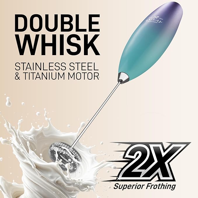 Zulay Kitchen Powerful Milk Frother Wand With Duracell Batteries - Ultra Fast Handheld Drink Mixer - Electric Whisk Foam Maker for Coffee, Lattes, Cappuccino & Matcha - Double Whisk - Purple Teal Fade