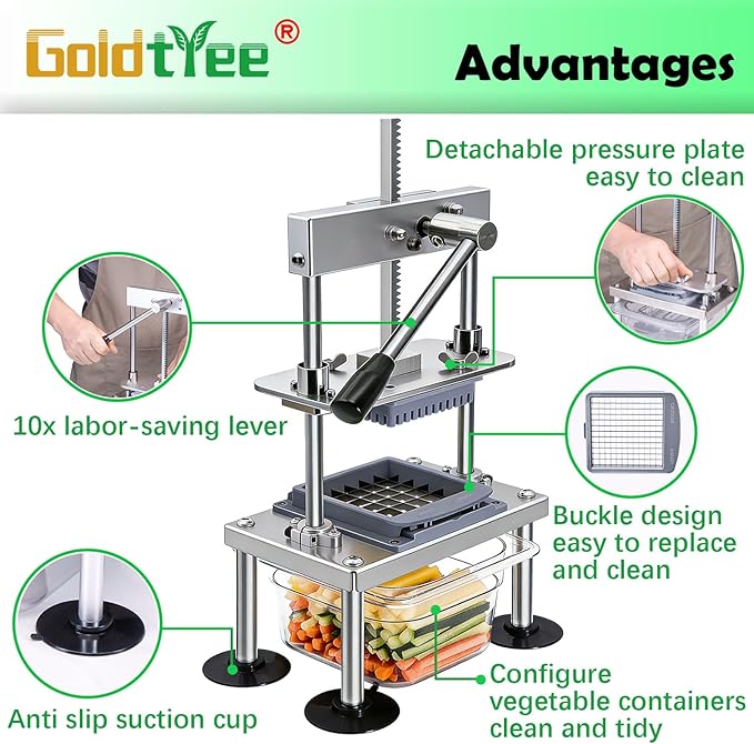 French Fry Cutter Goldtree Commercial Vegetable Chopper Professional Stainless Steel Potato Cutter Food Onion Dicer With 4 Replacement Blades for Tomatoes Fruit Carrots Cucumbers