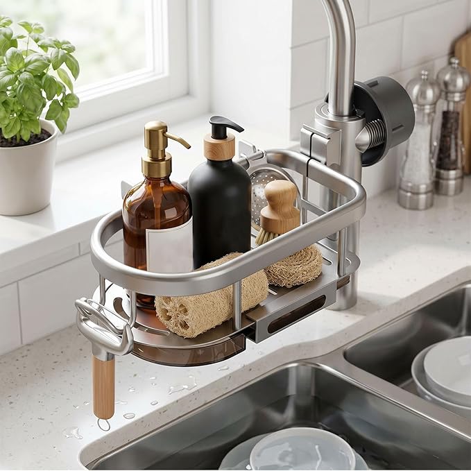 Sink Caddy for Kitchen Sink, Sponge Holder Over Faucet Organizer with Drain Tray Hook, Space Aluminum Fits 0.7-1.1" Round Pipes (Grey Left A)