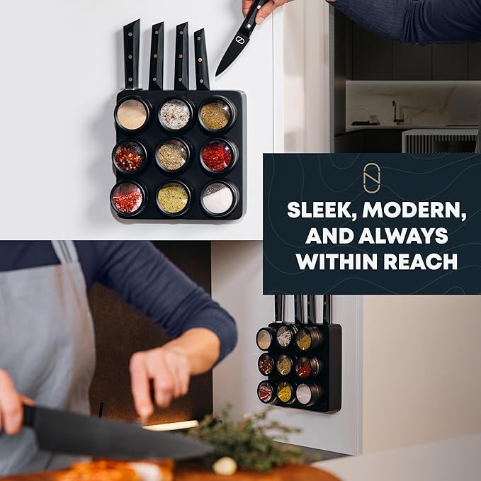 3-in-1 Magnetic Knife Block & Spice Rack Bundle - Ultra Sharp 60 HRC Chef Knife Set, Black Titanium Blades, 9 Spice Tins, Wall Mount Holder - All-in-One Kitchen Organizer + Mini Knife