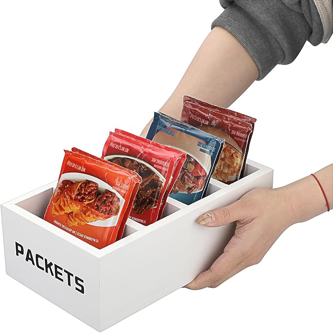 BSTKEY Seasoning Packet Organizer, Food Packet Storage Organizer with 4 Compartments, White Wooden Storage Caddy for Kitchen Pantry Cabinet, Farmhouse Kitchen Organization Bins for Snack Spice Packets