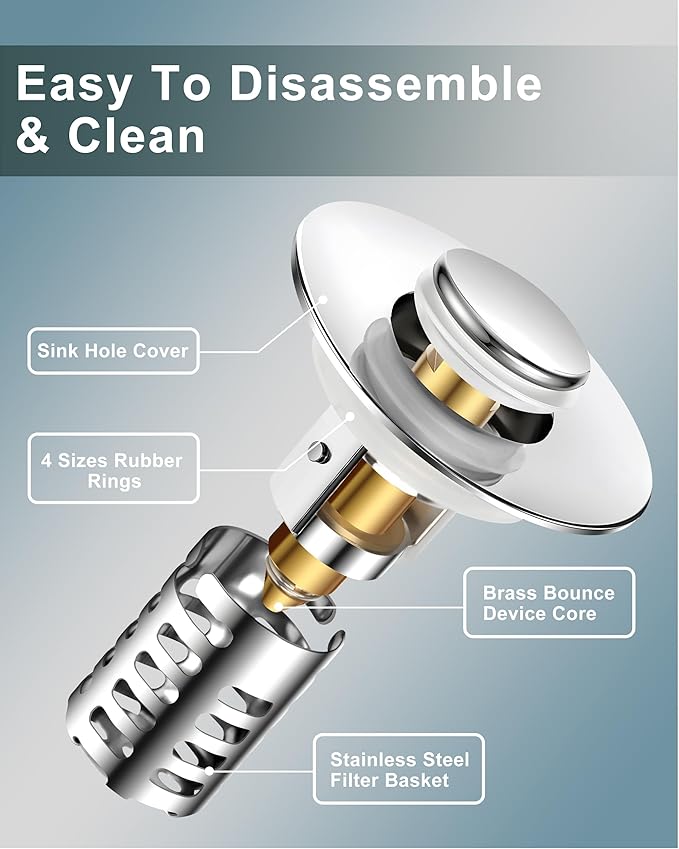 Bathroom Sink Drain Strainer,Universal Fit 99% Bathroom Sink Stopper, Anti-Clog Stainless Steel Drain Filter Basket, Removable Sink Drain for Bathroom Sink Stopper for (1.18'' to 2.17'' inch) Drain