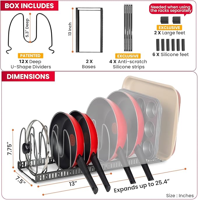 Better Things Home 7.5” Wide 12-Slot Adjustable Large Pan and Pot Lid Organizer with Scratch-Free Pads, Expandable Pot Lid Holder Rack for Cabinet, Pots and Pans Organizer Inside Cabinet