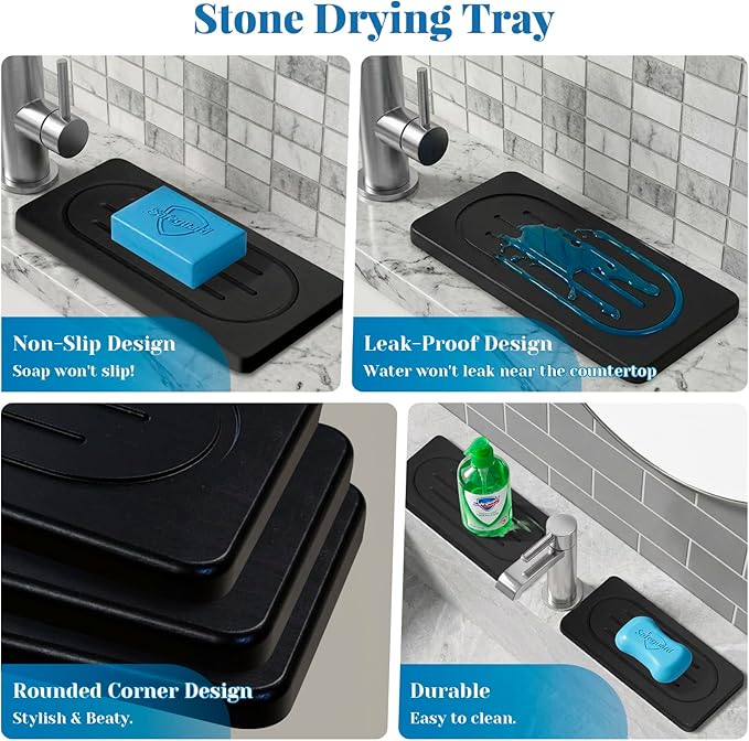 Water Absorbing Stone Trays for Bathroom Sink Kitchen Counter, Quick Dry Dish Soap Dispenser Sponge Holder for Hand Soaps Plants Toiletries, Stain Resistance Countertop Fast Drying Counter Trays