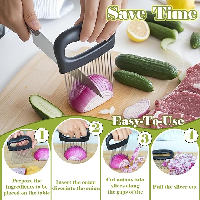 FANTEXY Onion Holder for Slicing - Onion Slicer and Meat Tenderizer Extra Large 16-Prong 304 Stainless Steel, Vegetable Chopper for Potatoes, Tomatoes Slicer Tool for Lemons,Avocados,Carrot