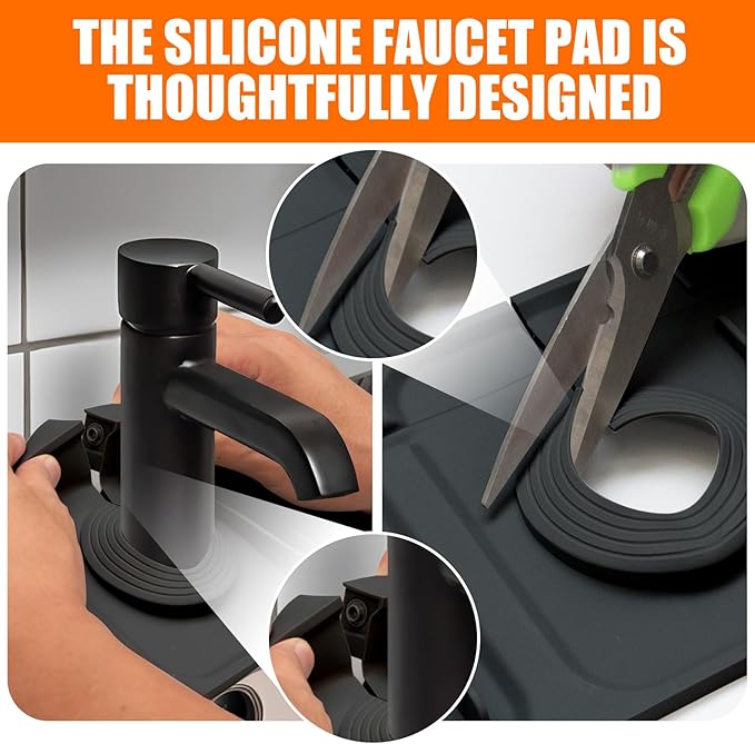 24" Silicone Faucet Mat for Kitchen Sink,7° Draining Mat with Snap Button Lock,Faucet Splash Guard and Sink Counter Organizer,Trim-to-Fit Kitchen Faucet Protector for Sponge Brush Cup