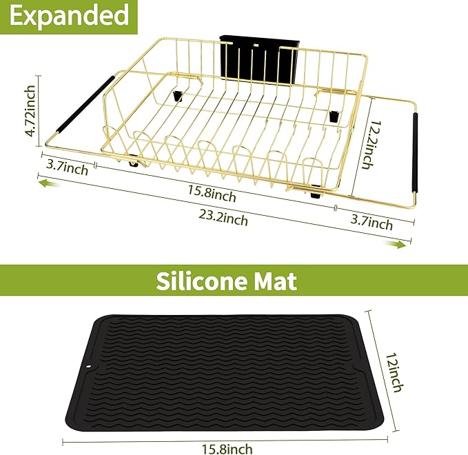 Golden Expandable Dish Drying Rack with Silicone Drying Mat-Extra Large Stainless Steel Dish Drainer Over The Sink with Utensil Holder, Applicable for Sink Width 16'-22' (Gold,23.2'*12.2')