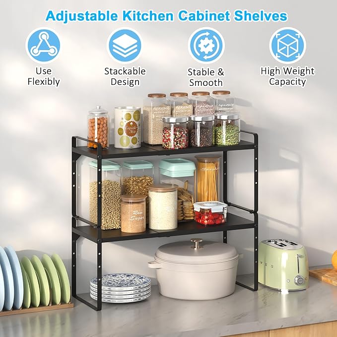 15.5 to 25.5 Inch Kitchen Cabinet Shelf Organizers, Adjustable Kitchen Counter Shelf Organizer, Set of 3 Expandable Countertop Storage Shelves, Stackable Design, 30LBS Heavy Duty, Space Saver