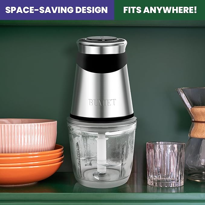 BUMET Electric Food Processor Vegetable Chopper 500W with 2.5 Cup Glass Bowl and Stainless Steel 4 Blades Cutter Mini Food Chopper for Home Use, Mincing, and Puree for Kitchen Aid, Baby Food