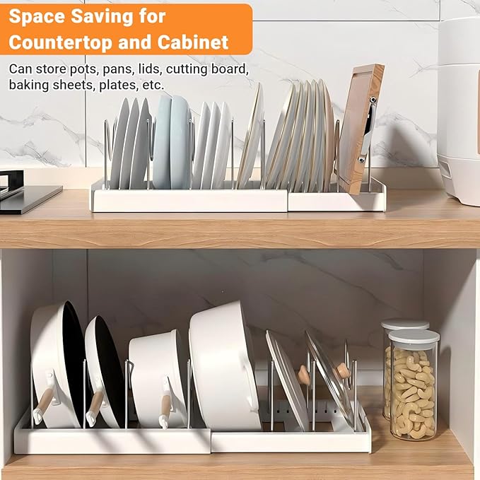Sylfaen Expandable Pots and Pans Organizer Rack Under Cabinet, Pot Lid Holder with 7 Adjustable Dividers, Pan Organizers Inside Cabinet for Kitchen Storage Cookie Sheets Bakeware Cutting Board, White