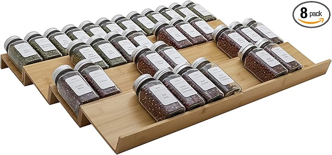 Bamboo Spice Rack Drawer Organizer - 8 Pieces Set- 11" Wide Per Piece - Combine Pieces Into 22" Wide Rack (11" or 22")