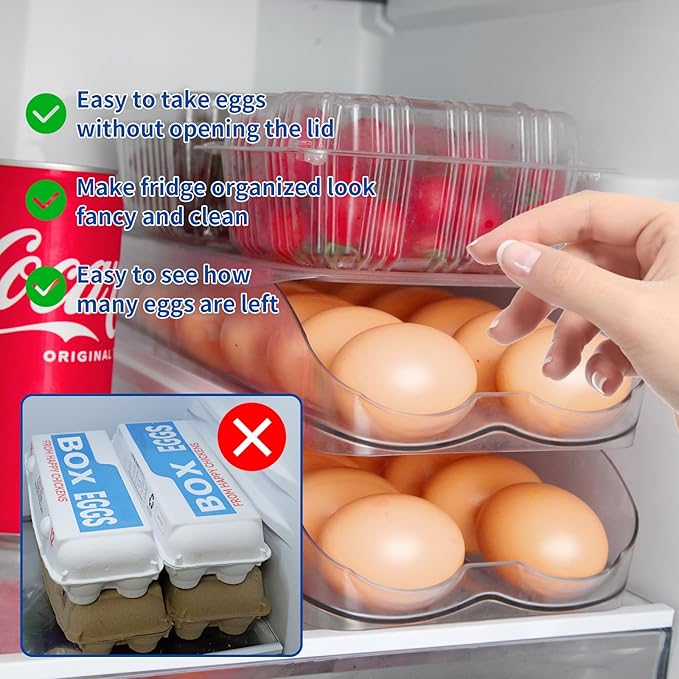 MesRosa Egg Holder for Fridge, Automatic Rolling Egg Organizer for Refrigerator, Clear Plastic Egg Container & Tray, Stackable Dispenser and Storage Bin with Sturdy Lid to Saving Space -2 Layer