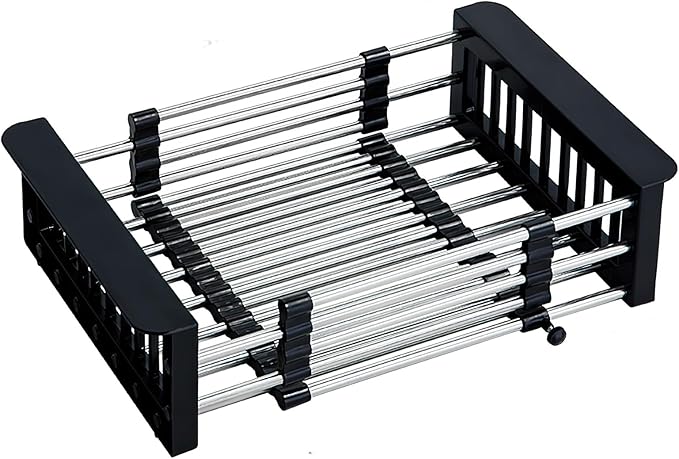COVRA Over Sink Dish Drying Rack, Stainless Steel Drainer for 10.6"-18.5" Sinks (Square Sinks ONLY), Kitchen Countertop Organizer for Dishes, Vegetables, and Fruits (Black)