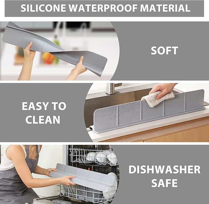 18Inch Sink Splash Guard – Extended Length & Tall Silicone Kitchen Sink Splash Guard with Overhang Drainage Design & Strong Suction Cups for Countertop (Grey, 18''x3.5'')