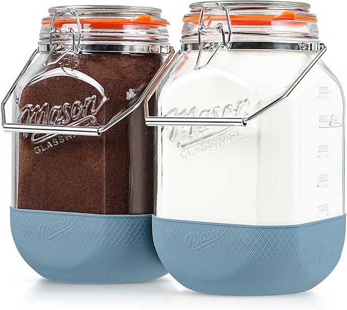 2 Pack Square 1 Gallon Glass Jar with Airtight Lid, Large Mason Jars Wide Mouth 128 Oz with Scale Marks & Handle, Glass Storage Containers with Anti-slip Base for Kitchen, Pantry, Laundry Room, Flour