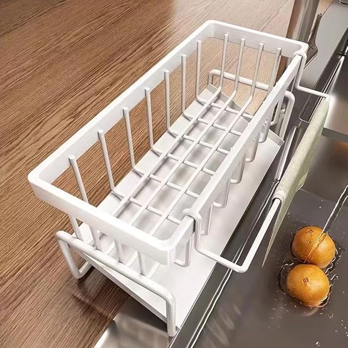 Sink Caddy Kitchen Sink Organizer, Sponge Holder for Kitchen Countertop for Dish Brush Gloves, Dish Cloth Hanger, Rustproof Kitchen Caddy with Drip Tray (White)