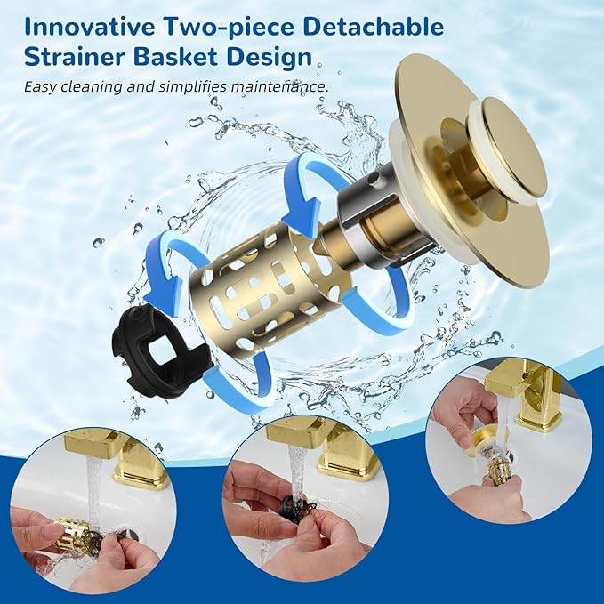 Hibbent Upgraded 3 in 1 Bathroom Sink Drain Strainer, Universal Pop Up Stopper with Removable Stainless Steel Filter Basket Hair Catcher, Sink Plug for 1.1''~2.36'' Basin, Brass Core, Brushed Gold