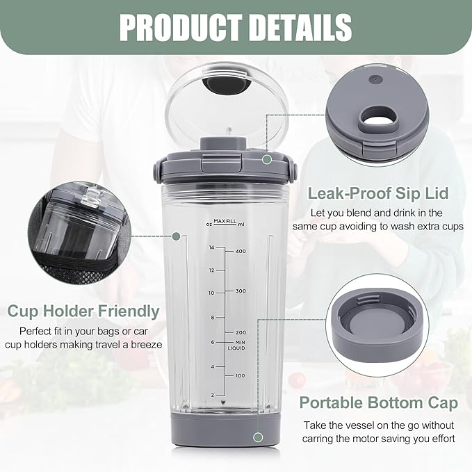 18 oz Vessel Replacement Compatible with Ninja Blast Portable Blender, Replacement 18oz Cup with Sip Lid & Bottom Cap for Ninja Portable Blenders BC151BK BC151NV BC151WH BC151CR BC151EM, PC,Grey