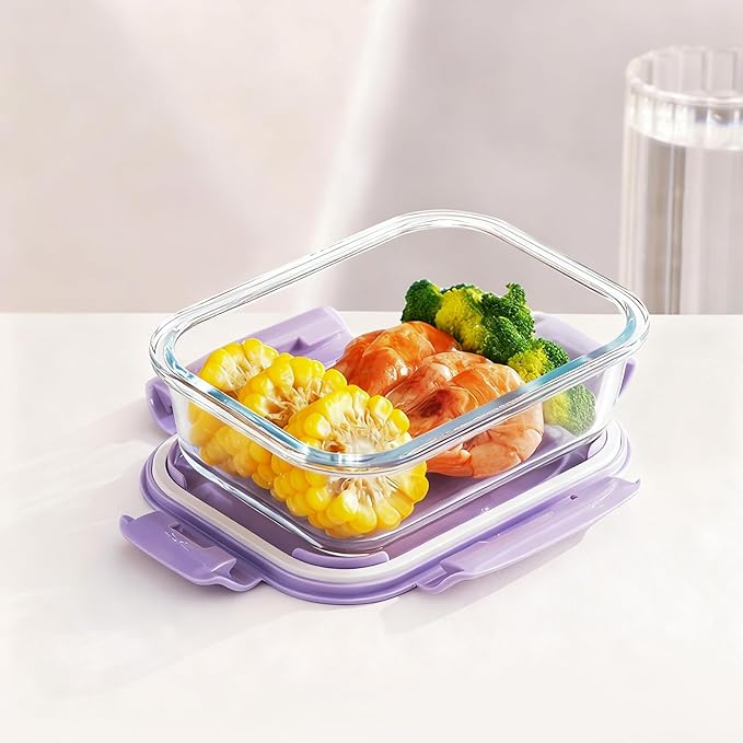 4Pack 13oz/0.37L Glass Meal Prep Containers with Lids, Glass Storage Containers with Lids, BPA-Free, Pantry Organizers and Storage, Freezer to Oven Safe (Purple)