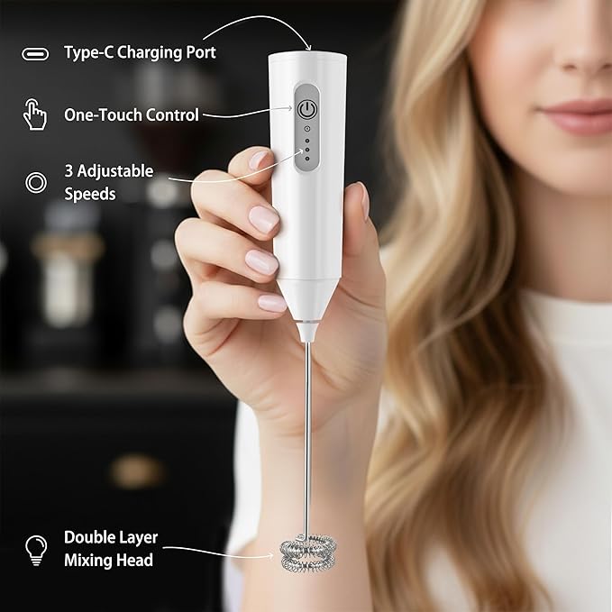 Puraville Rechargeable Milk Frother Handheld, 3 Speeds Electric Whisk Drink Mixer with Stand, Type-C Charging BPA Free for Coffee, Latte, Cappuccino, Egg, Cream, White