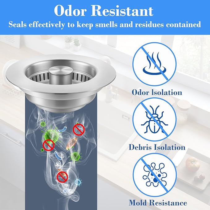 Upgraded 3-in-1 Kitchen Sink Drain Strainer with Solid Brass Core, Fast-Drain Pop-Up Sink Stopper, 304 Stainless Steel, Removable Anti-Clog Basket, for US Standard 3-1/2'' Drains (2 Pack)