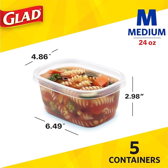Glad GladWare Medium Rectangle Food Storage Containers with Lids, BPA Free Plastic for Soups Salads and Meal Prep, Airtight Leak Resistant, Microwave Dishwasher Freezer Safe, 24 Oz, 5 Count - 6 Pack