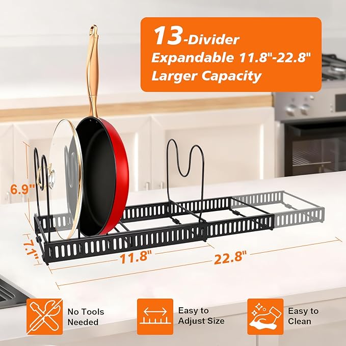 Pots and Pans Organizer for Under Cabinet, Expandable 11.81''-22.85'' Kitchen Organizer with 13 Adjustable Compartments, Pot Lid Pan Rack for Cabinet Drawer Countertop, Bakeware Cutting Board