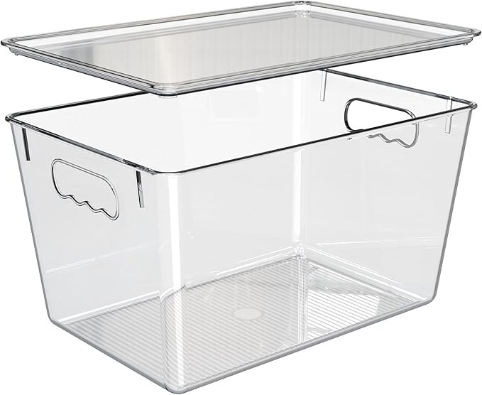 YAN & HIN 4 Pack Clear Storage Bins with Lids, Stackable Plastic Organizer Bins with Handles, Pantry Organizers and Storage for Kitchen Cabinet, Fridge, Bathroom, Closet and Shelf Organization
