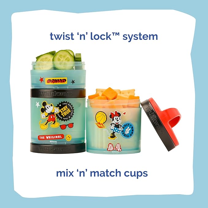 Whiskware Disney Mickey Mouse and Friends Stackable Snack Containers for Babies, Toddlers, and Kids, 3 Stackable Snack Cups for School and Travel, Cupholder Friendly, Squad!