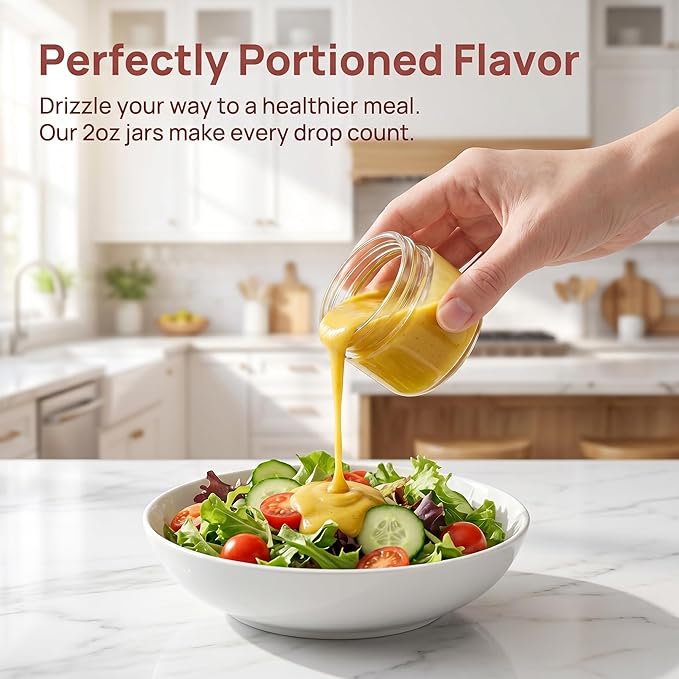 EONJOE 2 oz Glass Jars with Lids Dressing Containers Sauce Cups Mini Condiment Dip Jars To Go Lunch Accessories,12-Pack