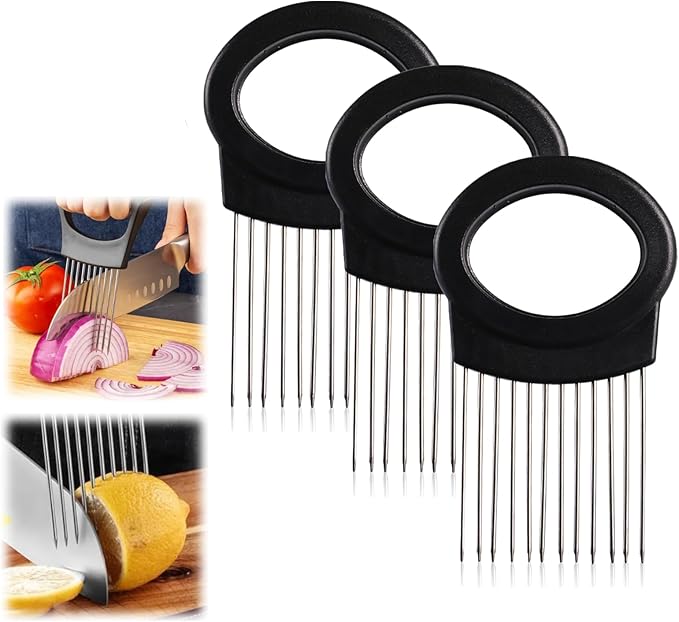 Upgrade Onion Holder for Slicing, Stainless Steel Lemon Slicer Onion Cutter for Slicing, Vegetable Cutter for Potato and Tomato, Avocados, Eggs, Meat, Kitchen Chopper Slicings Tool (Round, 3PCS)