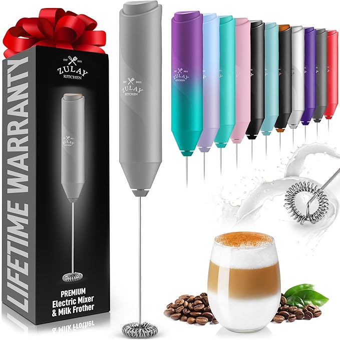 Zulay Kitchen Milk Frother Handheld Battery Operated – Electric Drink Mixer for Coffee, Lattes, Cappuccinos, Matcha & Hot Chocolate – Portable Foam Maker & Coffee Bar Accessory - Gray