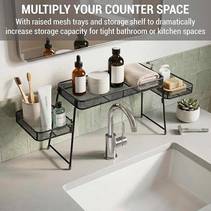 MyGift Over the Sink Shelf Black Metal Organizer Rack, 3 Tiered Bathroom or Kitchen Sink Storage Display Caddy