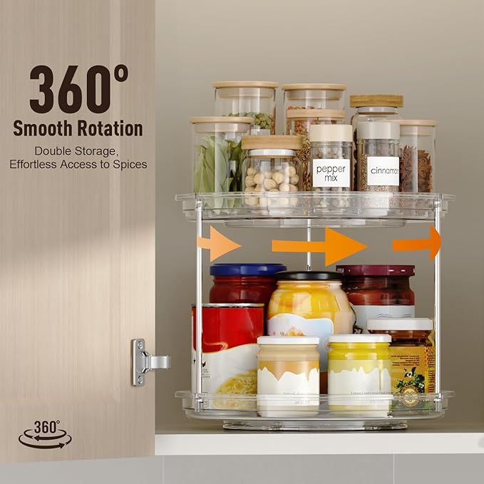 2 Pack 2 Tier Lazy Susan Organizer, 9.25'' Lazy Susan Turntable for Cabinet, Stackable Turntable Organizer Rotating Spice Rack Organization for Kitchen Countertop, Pantry, Bathroom, Clear