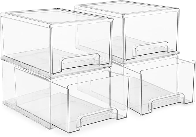 Sorbus Plastic Storage Bins Stackable Clear Pantry Organizer Box Bin for Organizing Kitchen Fridge, Food, Snack Pantry, Fruit, Vegetables, Bathroom, Wide & Narrow Deep (4 Pack)